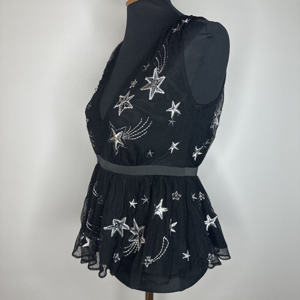 Vintage Express Embroidered Star Black Peplum VNeck Sheer Tank Rhinestones Sz 4 - Picture 5 of 13